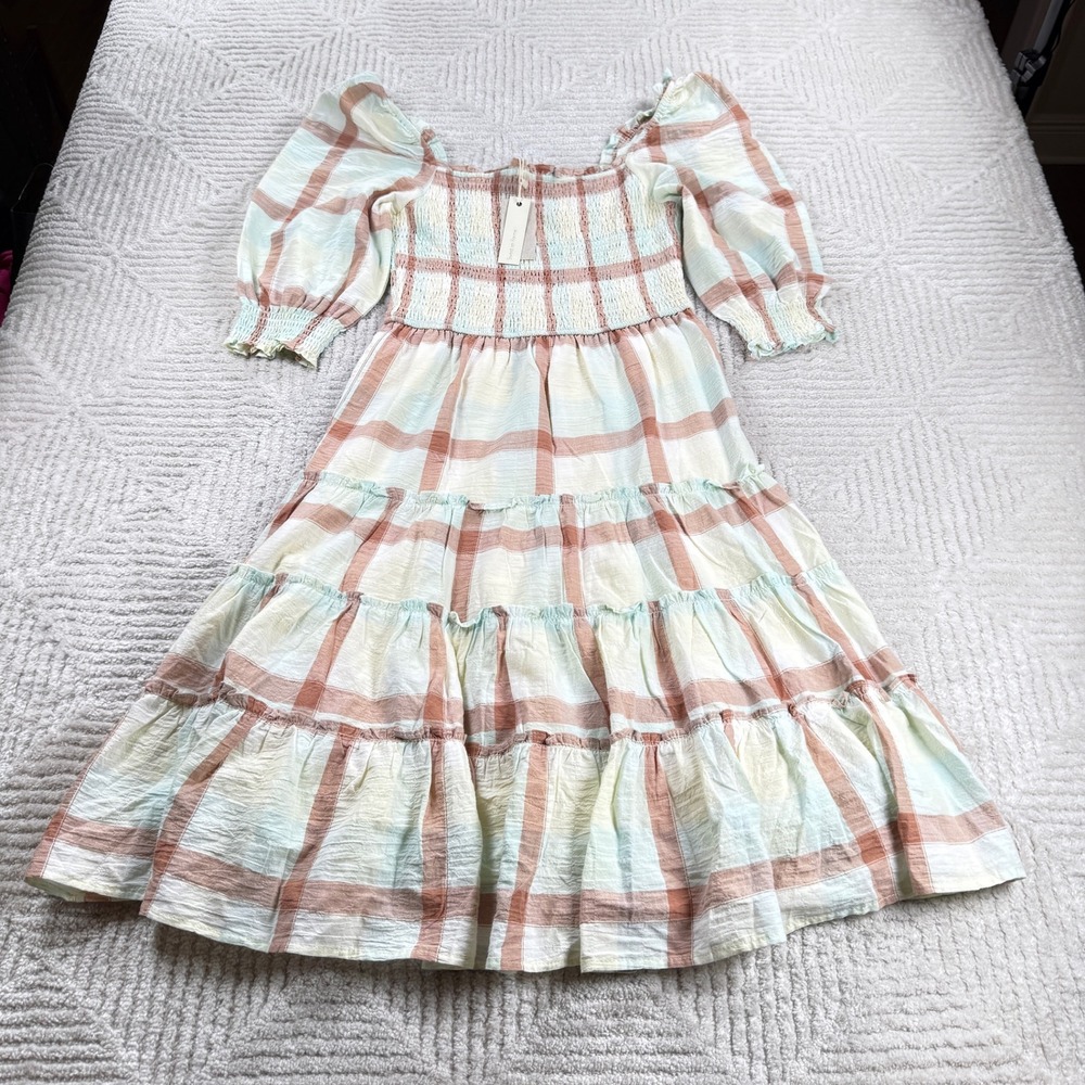 Sweet en Forme Tiered Midi Dress Womens M Peach Mint Plaid Smocked NWT Prairie